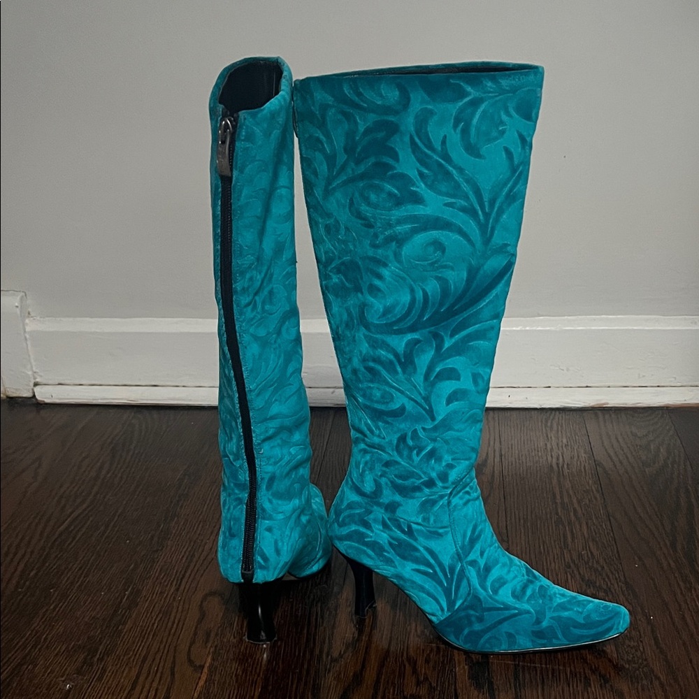 Elegant Teal Patterned Heeled Boots